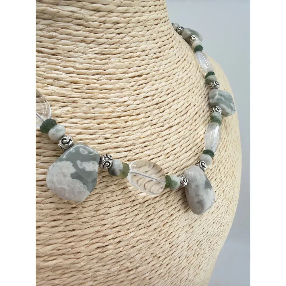 Handmade Green Jasper and Clear Quartz Statement Necklace and Earring Set